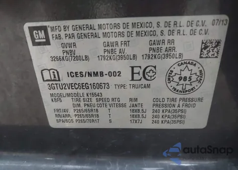 2014 GMC Sierra 1500 Slt из США, поврежденный, VIN 3GTU2VEC6EG160673